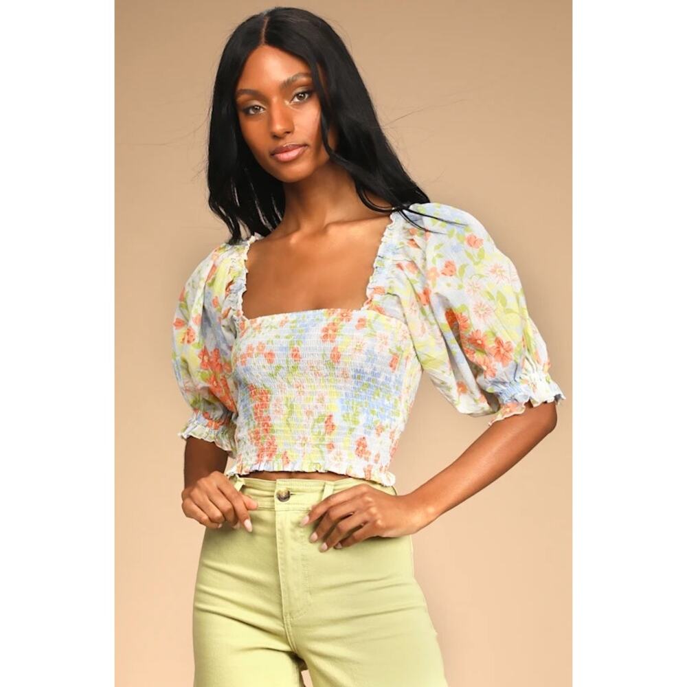 Billabong Feeling Groovy Floral Smocked Puff Sleeve Cottagecore Crop Top SZ S